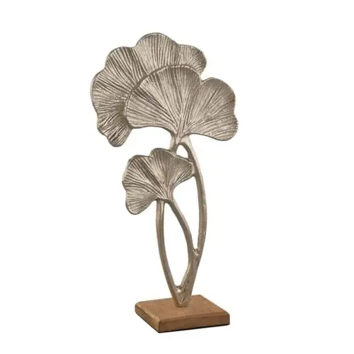 Produktbild: LB H&F Ginkoblatt Skulptur Dekobjekt 39cm Deko Ginko Holz Metall Silber Pflanze zum hinstellen Natur (Pflanze)