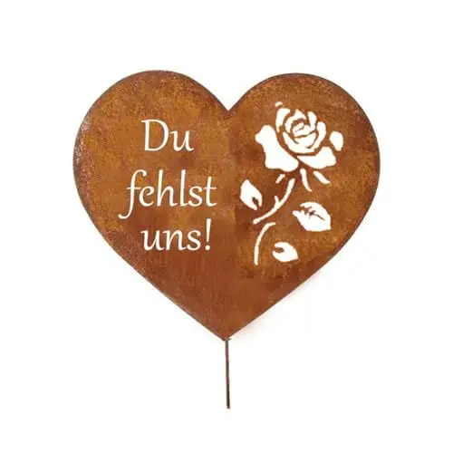 Produktbild: LB H&F Grabherz Rostherz Herz Trauerdekoration Grabschmuck Rost Grabrose Rose - Du fehlst Uns - Metall für Gestecke - Grab zum stecken - witterungs frostbeständig (Herz Flügel)