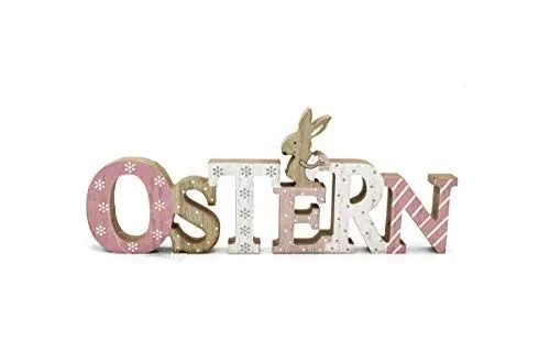 Produktbild: LB H&F Osterdeko Schriftzug Ostern Holz Aufsteller- niedliche Osterdekoration Osterhase rosa Tischdeko R (Ostern)