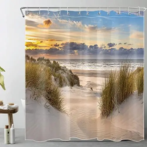 Produktbild: LB Strand Duschvorhang 180x180cm Sonnenuntergang Landschaft Tropeninsel Antischimmel Wasserdicht Badezimmer Vorhänge, Seestück Polyester Stoff Bad Vorhang mit Haken