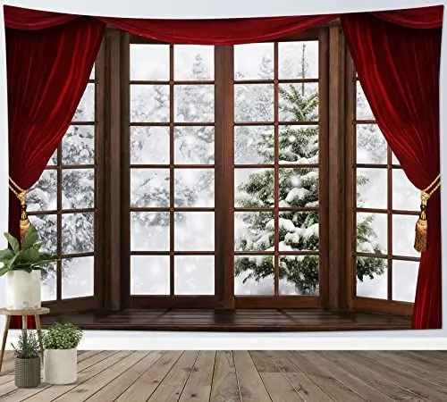 Produktbild: LB Wandteppich Der schneebedeckte Wald Wandtuch Winter Blick aus dem Fenster Wandbehang Grüne Kiefer auf dem Berg Tapisserie für Wohnzimmer Schlafzimmer Wohnheim Wanddeko,200x150cm