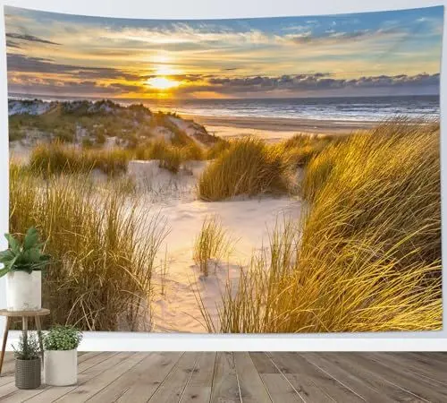 Produktbild: LB Wandteppich Tropischer Strand Wandtuch Grüne Pflanze unter Orange Sunset Wandbehang Sommer Küstenmeer Naturlandschaft Tapisserie für Wohnzimmer Schlafzimmer Wohnheim Wanddeko,200x150cm