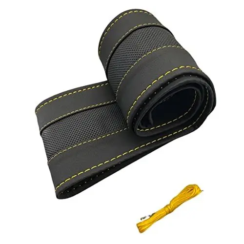 Produktbild: LB116 - Lenkradbezug 37-39 cm zum Schnüren Schwarz gelochte Leder mit Gelbe Naht