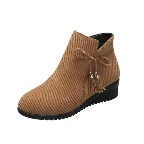 Produktbild: LDXEQIZ 2024 Neu Stiefeletten Mit Keilabsatz Damen Elegant Ankle Boots Mit Schleifen Retro Wildleder Kurz Stiefel Herbst Winter Booties Für Worker Freizeit Knöchel Schuhe Für Outdoor(Brown,39 EU)