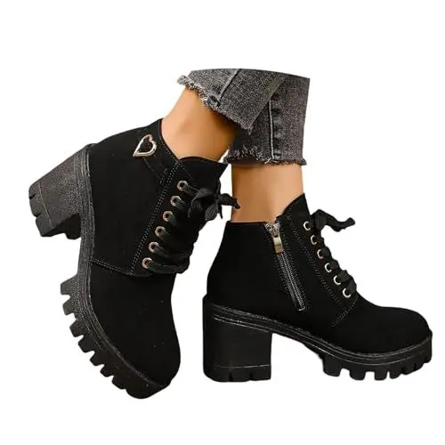 Produktbild: LDXEQIZ Damen Gotisch Schnürstiefel Blockabsatz Ankle Boots Wildleder Plateau Stiefeletten Mit Schnallen Biker Booties Mit Reißverschluss Freizeit Knöchel Schuhe Für Outdoor, Party(Black,40 EU)