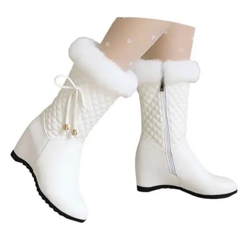 Produktbild: LDXEQIZ Winter Stiefeletten Damen Elegant Kurz Stiefel Mit Keilabsatz PU-Leder Ankle Boots Für Party Plüsch Gefüttert Schneestiefel Warm Baumwollschuhe Für Outdoor(White,39 EU)
