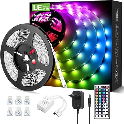 Produktbild: LE 5M RGB LED Strip Set, 5050 SMD Streifen, 24V, Selbstklebend Strips, Flexibel Band, Leiste, Lichtband IP20, Netzteil und Controller enthalten