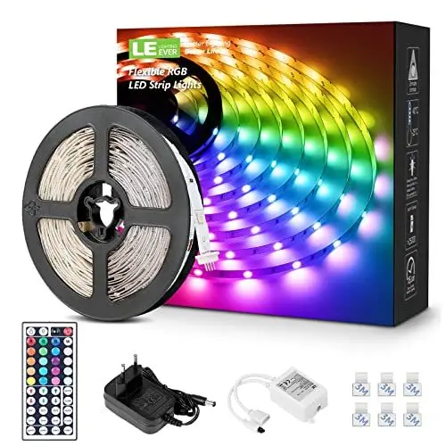 Produktbild: LE LED Strip 5M RGB Set, LED Streifen 5050 SMD, 12V, Selbstklebend LED Strips, Flexibel LED Band, LED Lichtband IP20, Dimmbar LED Leiste Lichterkette mit Fernbedienung für Haus, Party, Küche