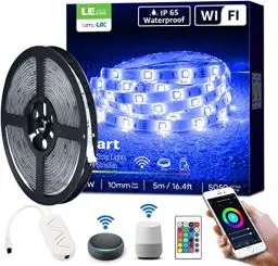 Produktbild: LE LED Strip Smart 5M Wasserdicht, RGB 150 LEDs, 5050 SMD Wifi LED Streifen, 12V, Selbstklebend LED Lichterkette, Flexibel LED Band, LED Leiste, LED Lichtband IP65, Netzteil und Controller enthalten