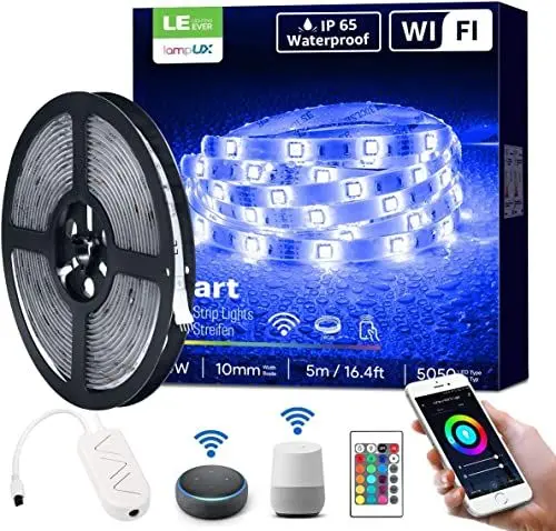 Produktbild: LE LED Strip Smart 5M Wasserdicht, RGB 150 LEDs, 5050 SMD Wifi LED Streifen, 12V, Selbstklebend LED Lichterkette, Flexibel LED Band, LED Leiste, LED Lichtband IP65, Netzteil und Controller enthalten