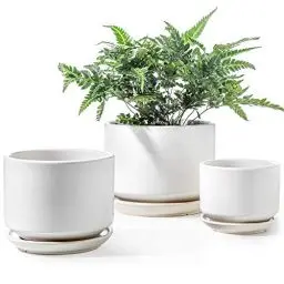 Produktbild: LE TAUCI 3er Pack Keramik Blumentöpfe, 11+13+17 cm Durchmesser Klein Übertöpfe Set, Blumentopf für Zimmerpflanzen mit Untersetzer und Abflussloch, Weiß