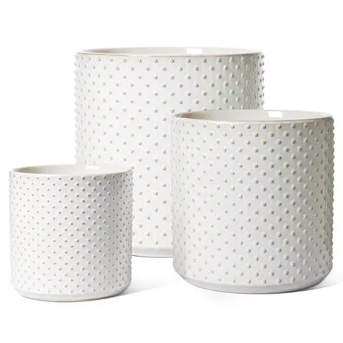 Produktbild: LE TAUCI 3 er Pack Übertöpfe Keramik Gross, 15+20+25 cm Durchmesser groß Töpfe Set, Blumentopf für Zimmerpflanzen mit Abflussloch, Round Planter Pots, Glasur Weiß