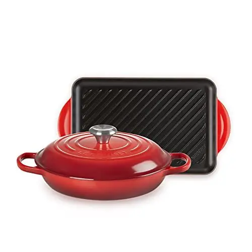 Produktbild: Le Creuset 2-teiliges Set aus Gusseisen, bestehend aus einem Signature Gourmet-Profitopf 26 cm mit einem rechteckigen Grill 32 cm, Kirschrot