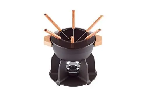 Produktbild: Le Creuset Gusseisen Fondue-Set, Inkl. 2 Holzgriffen, Spritzschutz, Rechaud und 6 Fonduegabeln, 2,3 L Volumen, Schwarz, 60612000000460