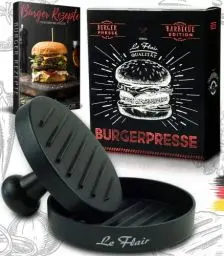 Produktbild: Le Flair® Alu Burgerpresse aus hochwertigem Aluminium - Hamburgerpresse mit Aufbewahrungstasche - Burger Patty Presse inkl. 50 Blatt Backpapier - Perfektes Grillzubehör Geschenk für Männer schwarz