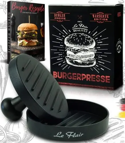 Produktbild: Le Flair® Alu Burgerpresse aus hochwertigem Aluminium - Hamburgerpresse mit Aufbewahrungstasche - Burger Patty Presse inkl. 50 Blatt Backpapier - Perfektes Grillzubehör Geschenk für Männer schwarz