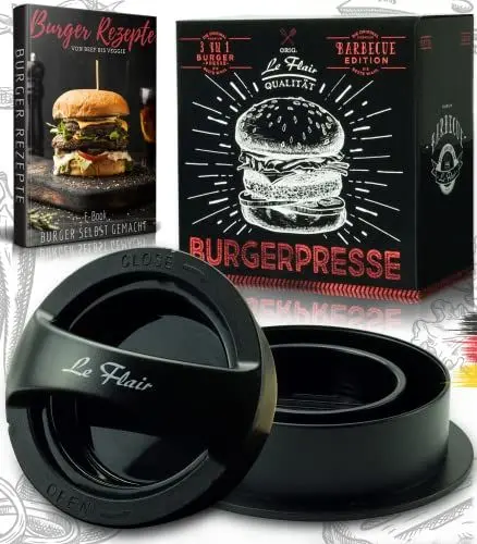 Produktbild: Le Flair® Neuheit 3 in 1 Burgerpresse Set - Hamburgerpresse mit Aufbewahrungstasche - Burger Patty Presse inkl. 50 Blatt Backpapier - Perfektes Grillzubehör Geschenk für Männer I Deutsche Marke
