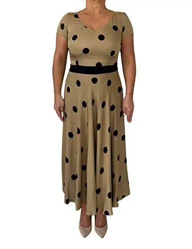 Produktbild: Lea Aldona beiges Kleid mit schwarzen Tupfen, Baumwollfutter, ausgestellter Boden, schwarzer Gürtel, V-Ausschnitt, Reißverschluss an der Seite, Viskosekleid, Größe 46, Damenkleid