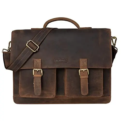 Produktbild: LEABAGS Leder Aktentasche Herren & Damen I Echtleder Laptoptasche bis 15 Zoll I Umhängetasche mit Schultergurt I Schultertasche I Messenger Bag I Arbeitstasche I Lehrertasche I Cow Dark Brown Hunter
