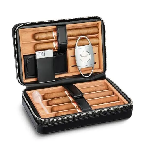 Produktbild: LEACHOI Leder Zigarren Reise Humidor, Zigarrentasche mit Feuerzeug und zigarrenschneider, Zigarren Zubehör Set, Zigarren Geschenkset, Hält bis zu 6 Zigarren