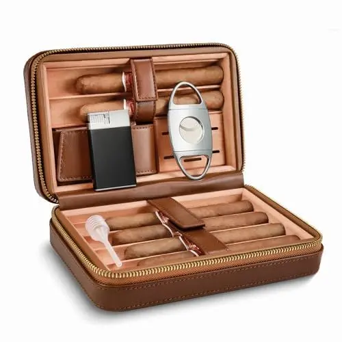Produktbild: LEACHOI Leder Zigarren Reise Humidor, Zigarrentasche mit Feuerzeug und zigarrenschneider, Zigarren Zubehör Set, Zigarren Geschenkset - Hält bis zu 6 Zigarren - Braun