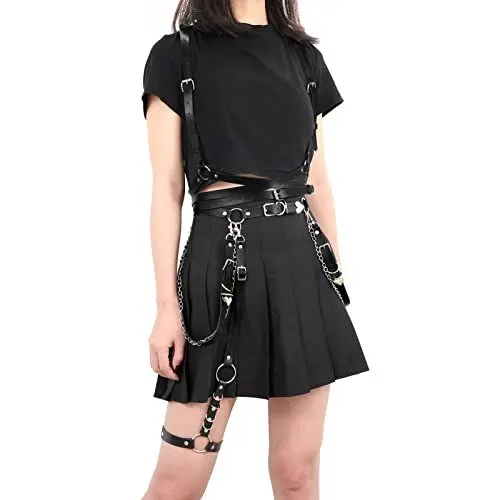 Produktbild: LEACOOLKEY 2 Stücke Damen Punk Leder Taillengürtel Gürtel mit Bein Gothic Strumpfbänder, Schwarz Leder Gürtel für Cosplay Rave Outfit Halloween Kostüm