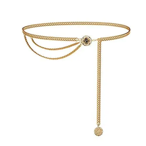 Produktbild: LEACOOLKEY Frauen Multilayer Gold Silber Metall Link Körper Kette Gürtel Damen Taille Kette Gürtel für Jeans Kleid