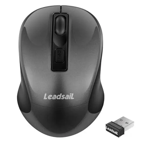 Produktbild: LeadsaiL Kabellose Maus, 1600DPI, 2,4 GHz mit USB-Empfänger, 4 Tasten, Leises Klicken und Scrollen, 15-Monate Akkulaufzeit, Kompatibilität mit Mehreren Geräten - Grau