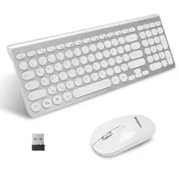 Produktbild: LeadsaiL, kabelloses Tastatur-Maus-Set, ergonomische Maus und Tastatur, kabellose PC-Tastatur und Maus, deutsches QWERTZ-Layout, leise Tastatur- und Maustasten, MacOS PC, Laptop, Silber