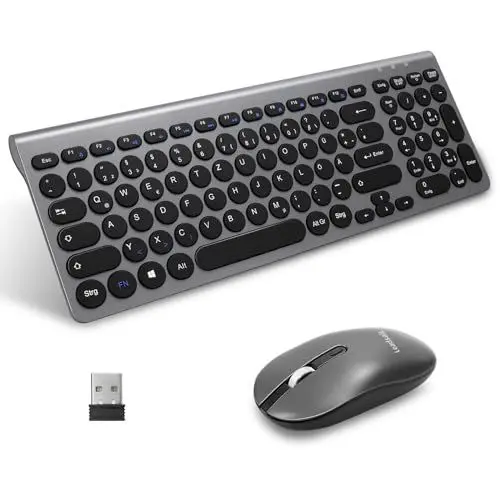Produktbild: LeadsaiL, kabelloses Tastatur-Maus-Set, ergonomische Maus und Tastatur, kabellose PC-Tastatur und Maus, deutsches QWERTZ-Layout, leise Tastatur- und Maustasten, MacOS PC, Laptop, Grau