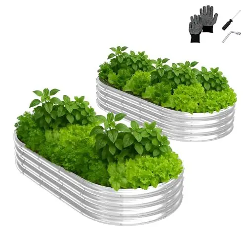 Produktbild: LEADZM Hochbeet Metall 180x90x30 cm (2er-Set) - Extragroße Ovaler hochbeete für Garten Metall ohne Sockel - Mit Zubehörsatz & Handschuhen - Leicht aufzubauen, wetterfest & langlebig, Silber