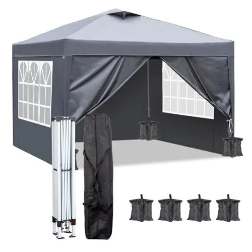Produktbild: LEADZM Pavillon 3x3m,Pop-up Faltpavillon,Belüftetes,Stabil,Wasserdicht,Winddicht,Höhenverstellbar,Entlüftung,UV Schutz 50+,Gartenzelt,Partyzelt,Camping,mit 4 Seitenteilen und 4 Sandsäcke,Dunkelgrau