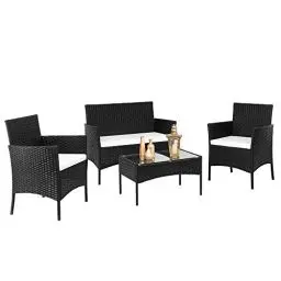 Produktbild: LEADZM Gartenmöbel Set,Balkonmöbel,Polyester Rattan Sitzgarnitur,Balkonmöbel,Wetterfest,UV-Schutz, Sitzplätze für 4 Personen,Sofa für 2 Personen, 2 Einzelsessel,für Wohnzimmer,Balkon, Garten,Schwarz