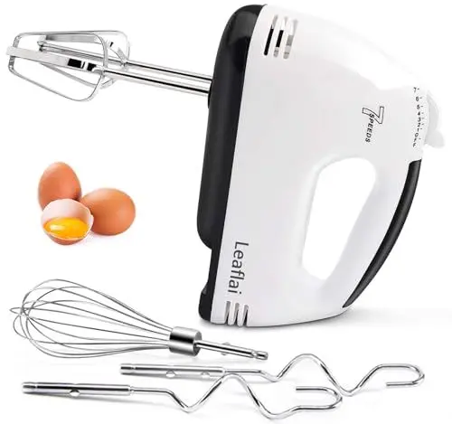 Produktbild: Leaflai 7 Stufen Handmixer Elektrische Handbesen, 180W Handrührgerät 2 Rührbesen, 2 Edelstahl-Knethaken, 1 Schneebesen, Sondern Auch Den Teig Kneten, Fleisch, Eierbrei Und So Weiter | Weiß