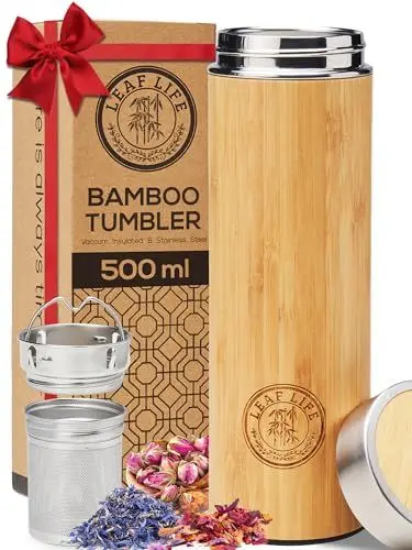 Produktbild: LeafLife Teeflasche mit Sieb to Go - 500ml Tea infuser aus Bambus - Teeflasche to go für Teeblätter & Kaffee - Hält für 12 Stunden Heiß & Kalt - Tee Geschenk - Mama Geschenk