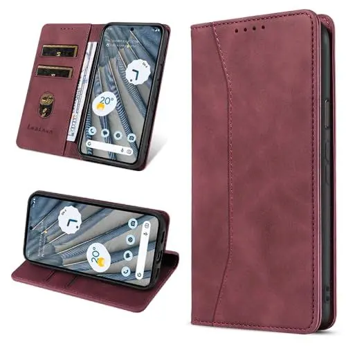 Produktbild: Leaisan Handyhülle für Google Pixel 7A Hülle Premium Leder Flip Klappbare Stoßfeste Magnetische (Standfunktion) (Kartenfächern) Schutzhülle für Pixel 7A Tasche - Wein Rot