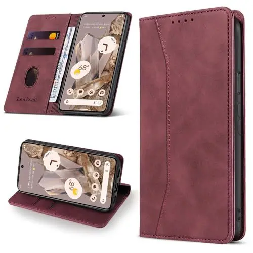 Produktbild: Leaisan Handyhülle für Google Pixel 8 Pro 5G Hülle Premium Leder Flip Klappbare Stoßfeste Magnetische (Standfunktion) (Kartenfächern) Schutzhülle für Google Pixel 8 Pro 5G Tasche - Wein Rot