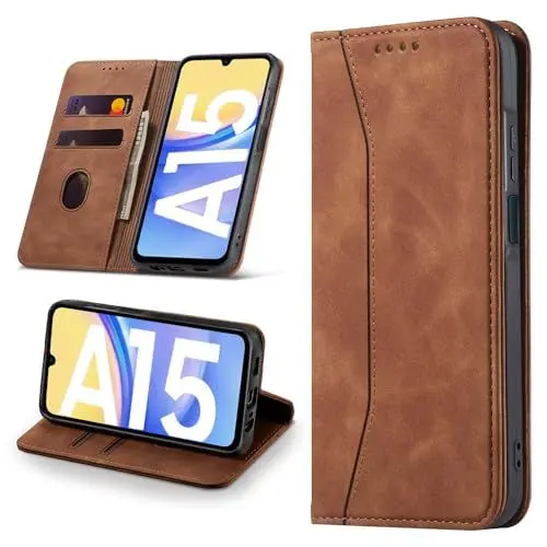 Produktbild: Leaisan Handyhülle für Samsung Galaxy A15 5G/4G Hülle Premium Leder Flip Klappbare Stoßfeste Magnetische (Standfunktion) (Kartenfächern) Schutzhülle für Samsung Galaxy A15 5G/4G Tasche - Braun