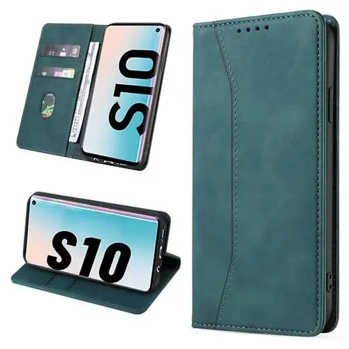 Produktbild: Leaisan Handyhülle für Samsung Galaxy S10 Hülle Premium Leder Flip Klappbare Stoßfeste Magnetische (Standfunktion) (Kartenfächern) Schutzhülle für Samsung Galaxy S10 Tasche - Malachitgrün