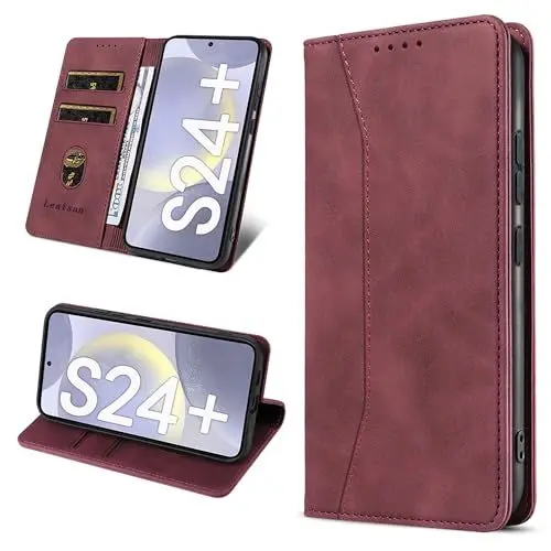 Produktbild: Leaisan Handyhülle für Samsung Galaxy S24 Plus/S24+ Hülle Premium Leder Flip Klappbare Stoßfeste Magnetische (Standfunktion) (Kartenfächern) Schutzhülle für Samsung S24 Plus 5G Tasche - Wein Rot