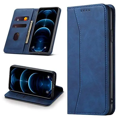Produktbild: Leaisan Handyhülle für iPhone 12/iPhone 12 Pro Hülle Premium Leder Flip Klappbare Stoßfeste Magnetische (Standfunktion) (Kartenfächern) Schutzhülle für iPhone 12/iPhone 12 Pro Tasche - Blau