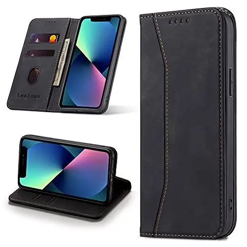 Produktbild: Leaisan Handyhülle für iPhone 13 Hülle Premium Leder Flip Klappbare Stoßfeste Magnetische (Standfunktion) (Kartenfächern) Schutzhülle für iPhone 13 Tasche - Schwarz