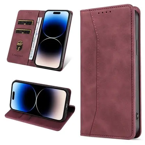 Produktbild: Leaisan Handyhülle für iPhone 14 Pro Hülle Premium Leder Flip Klappbare Stoßfeste Magnetische (Standfunktion) (Kartenfächern) Schutzhülle für iPhone 14 Pro 5G Tasche - Wein Rot