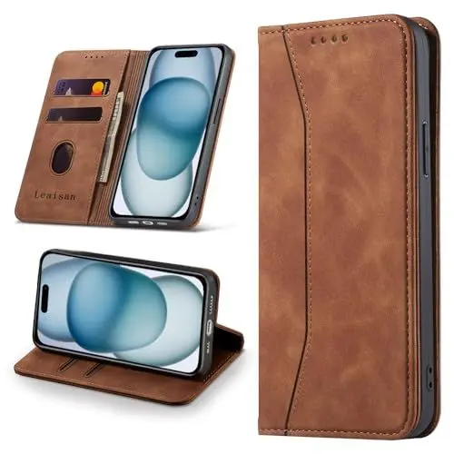 Produktbild: Leaisan Handyhülle für iPhone 15 Hülle Premium Leder Flip Klappbare Stoßfeste Magnetische (Standfunktion) (Kartenfächern) Schutzhülle für iPhone 15 5G (6,1 Zoll) Tasche - Braun