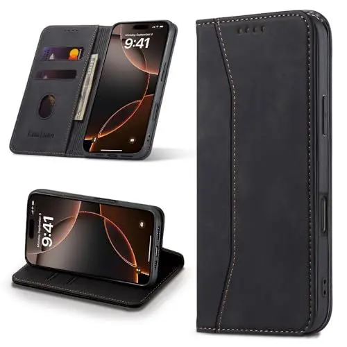 Produktbild: Leaisan Handyhülle für iPhone 16 Pro Hülle Premium Leder Flip Klappbare Stoßfeste Magnetische (Standfunktion) (Kartenfächern) Schutzhülle für iPhone 16 Pro Tasche - Schwarz