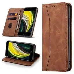 Produktbild: Leaisan Handyhülle für iPhone SE 2022/iPhone SE 2020 Hülle, iPhone 8/iPhone 7 Hülle Premium Leder Flip Klappbare Stoßfeste Magnetische (Standfunktion) (Kartenfächern) Schutzhülle Tasche - Braun