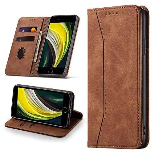 Produktbild: Leaisan Handyhülle für iPhone SE 2022/iPhone SE 2020 Hülle, iPhone 8/iPhone 7 Hülle Premium Leder Flip Klappbare Stoßfeste Magnetische (Standfunktion) (Kartenfächern) Schutzhülle Tasche - Braun