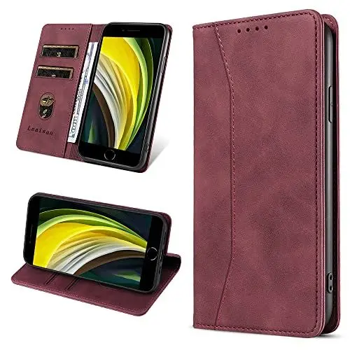 Produktbild: Leaisan Handyhülle für iPhone SE 2022/iPhone SE 2020 Hülle, iPhone 8/iPhone 7 Hülle, Premium Leder Flip Klappbare Stoßfeste Magnetische (Standfunktion) (Kartenfächern) Schutzhülle Tasche - Wein Rot