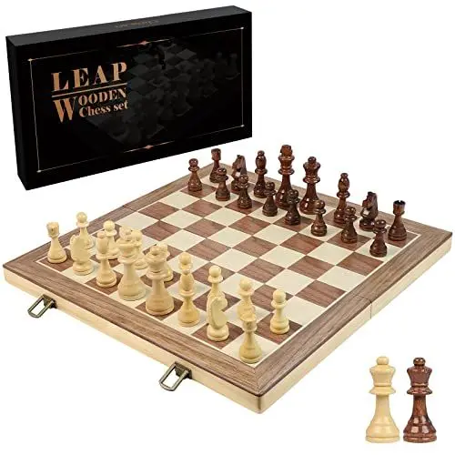 Produktbild: LEAP Schachspiel 43cm×43cm Holzschachbrett Mit 2 zusätzlichen Damen Klappbarer Holz Schach in Großer Mit Aufbewahrungsfächern für Schachfiguren for Adults or Beginner