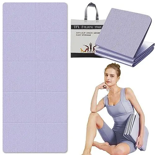 Produktbild: LeapBeast Reiseyogamatte Faltbar, 183 * 61CM Yogamatte Rutschfest inkl Tasche, 4MM Sportmatte Fitness Pilates Sport Gymnastikmatte Rutschfest (DüNn, Lila)